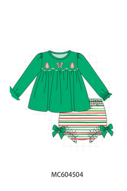 Green Christmas Tree Bow Applique Stripe Bloomer Set