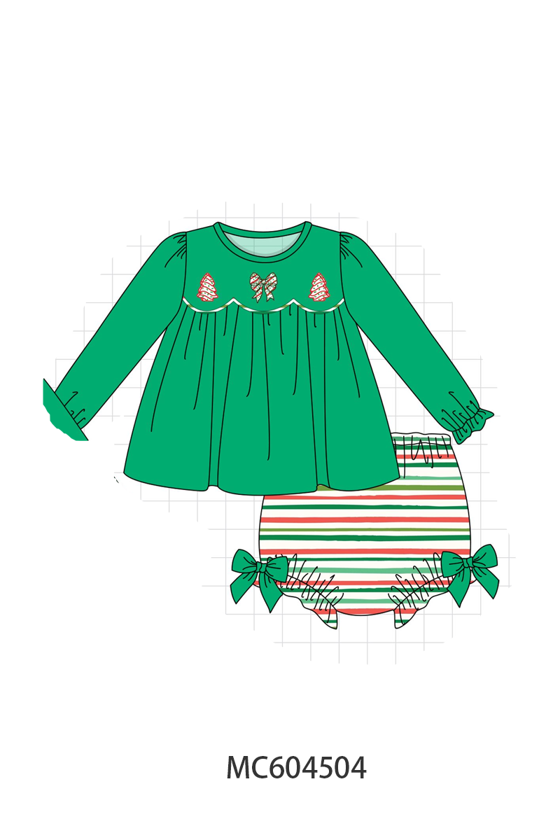 Green Christmas Tree Bow Applique Stripe Bloomer Set
