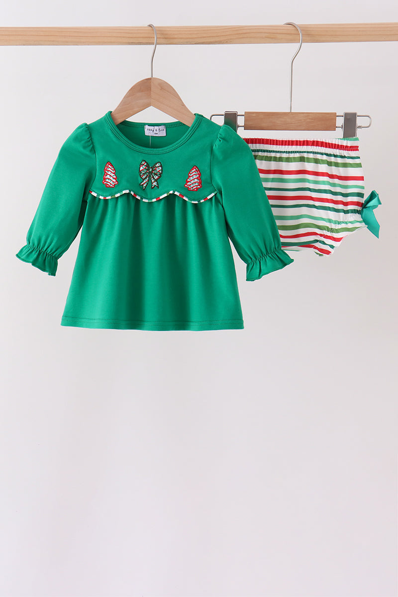 Green Christmas Tree Bow Applique Stripe Bloomer Set