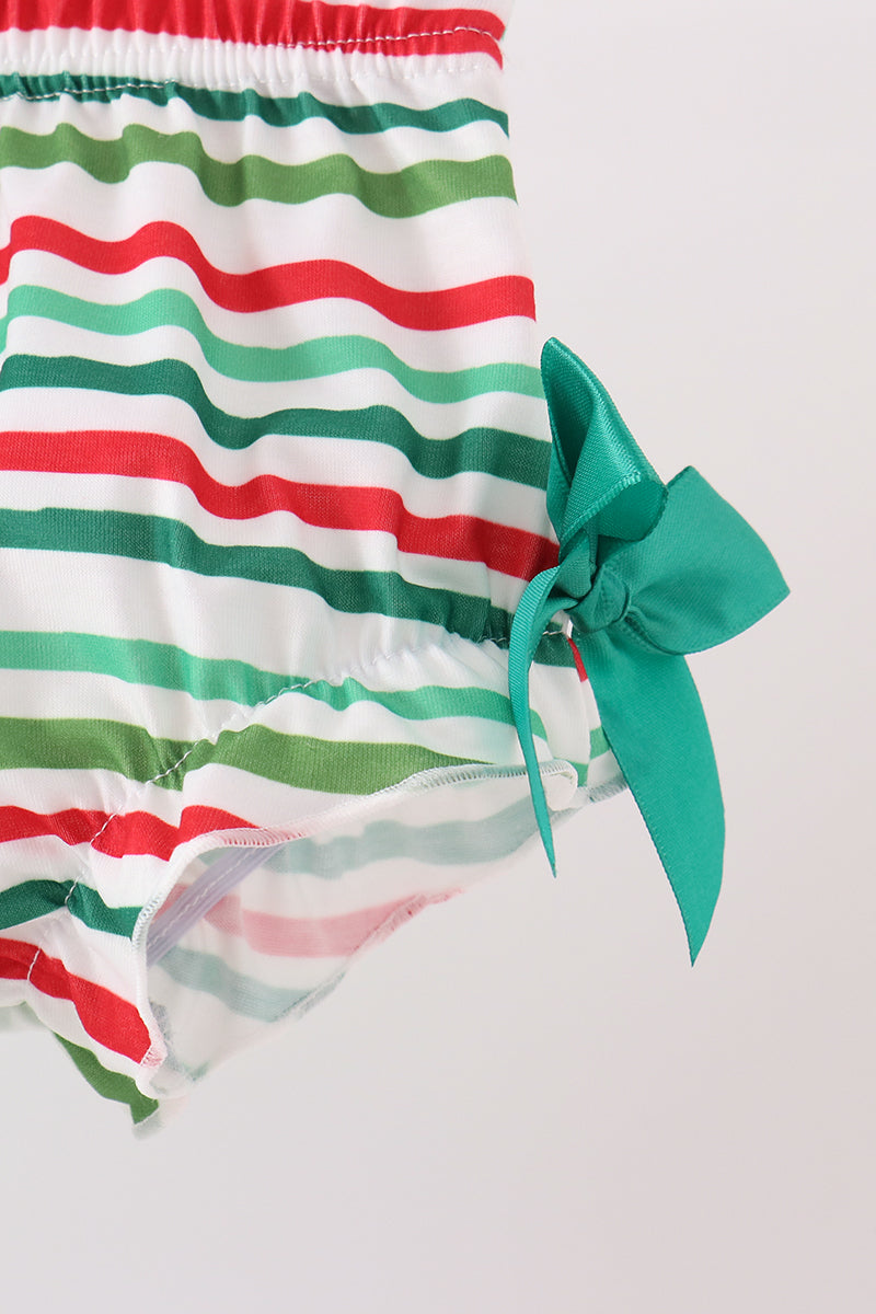 Green Christmas Tree Bow Applique Stripe Bloomer Set