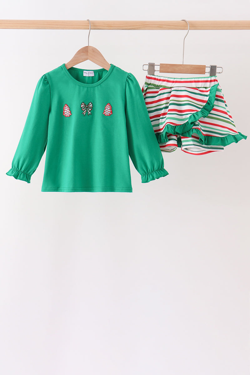 Green Christmas Tree Bow Applique Skorts Set
