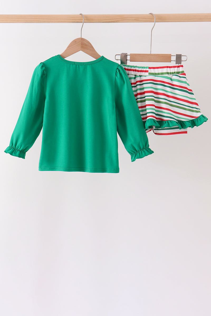 Green Christmas Tree Bow Applique Skorts Set