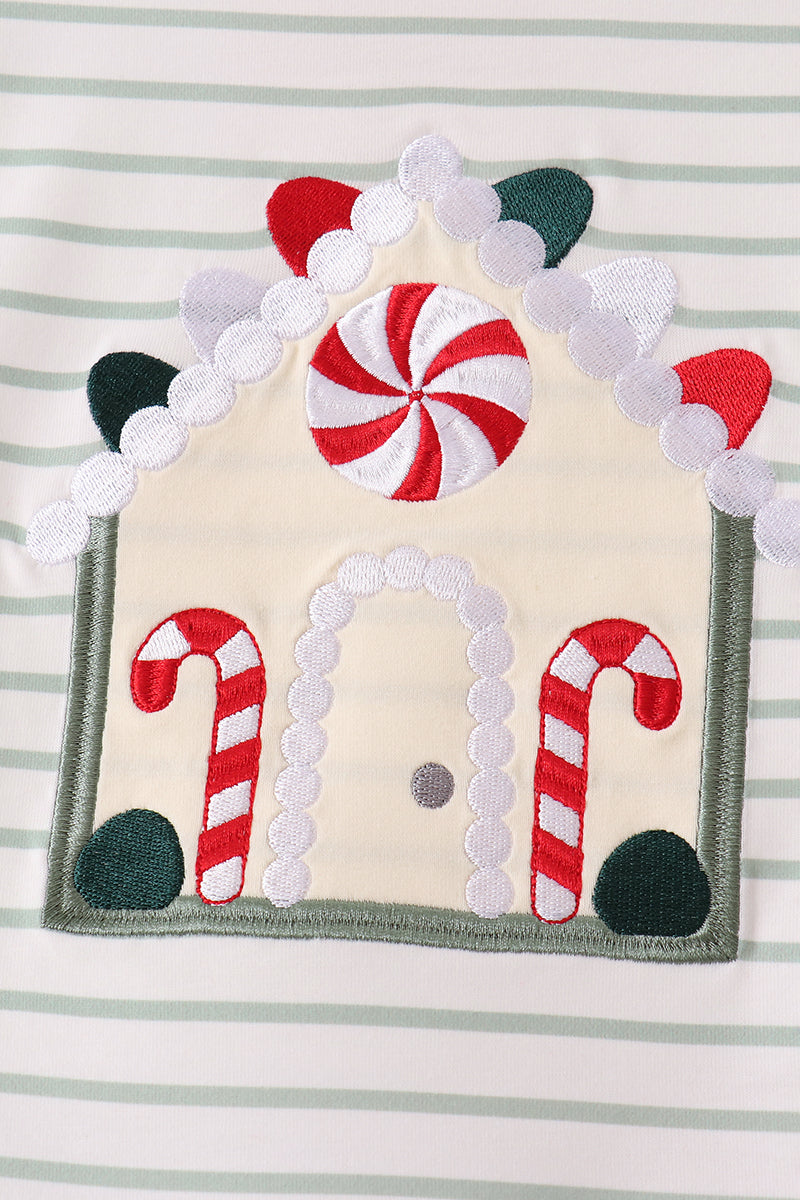 Red Gingerbread House Applique Stripe Ruffle Pants Set