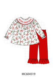 Merry Christmas Embroidery Ruffle Pants Set