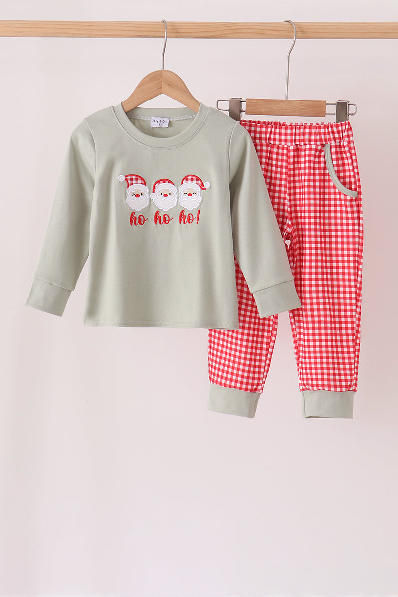 Sage Santa Applique Gingham Pants Set