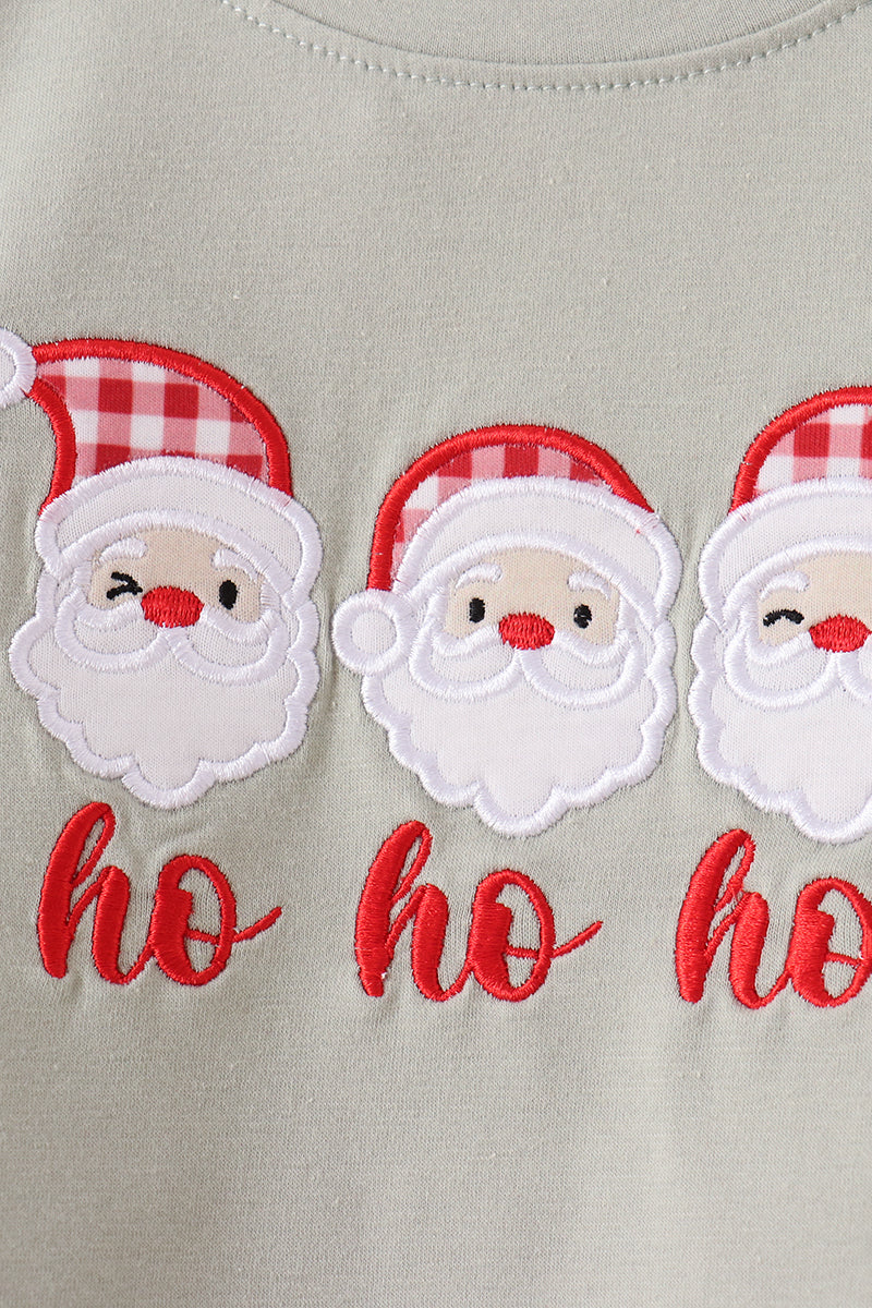 Sage Santa Applique Gingham Pants Set