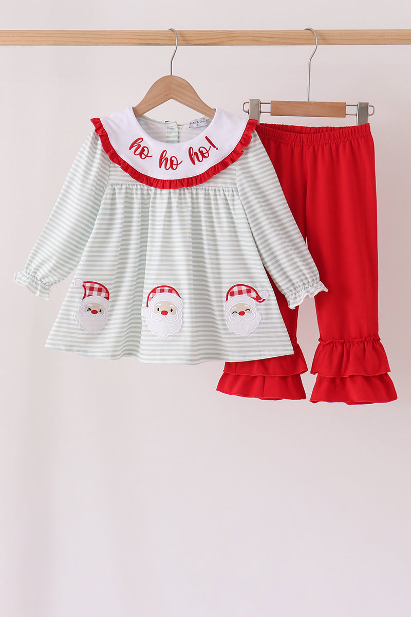 Sage Santa Applique Gingham Ruffle Pants Set