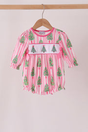 Pink Christmas Tree Embroidery Stripe Bow Bubble