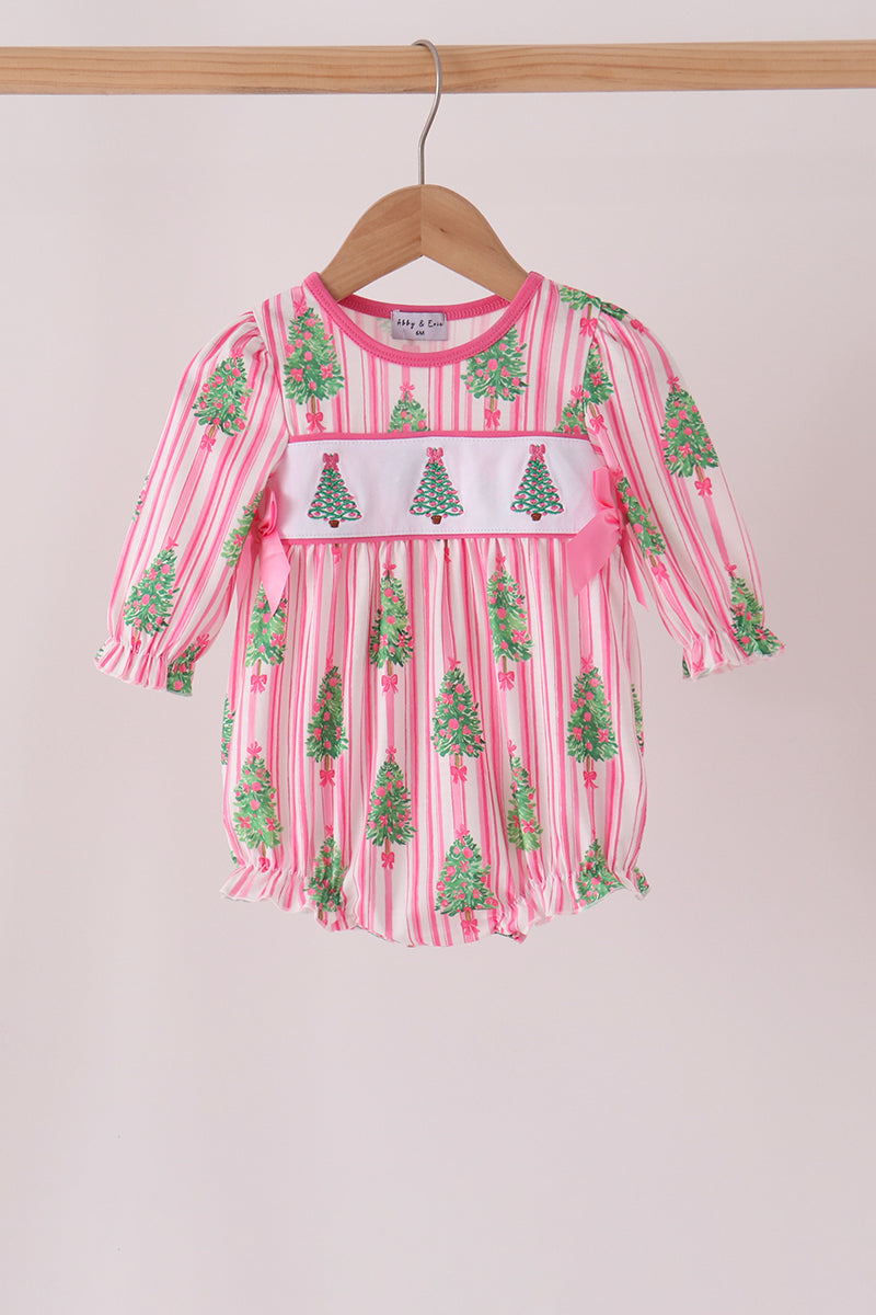 Pink Christmas Tree Embroidery Stripe Bow Bubble