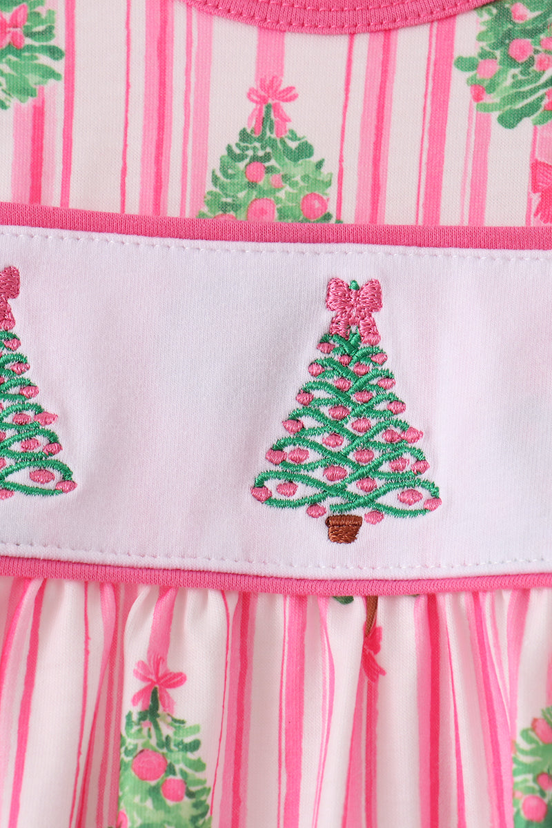 Pink Christmas Tree Embroidery Stripe Bow Bubble