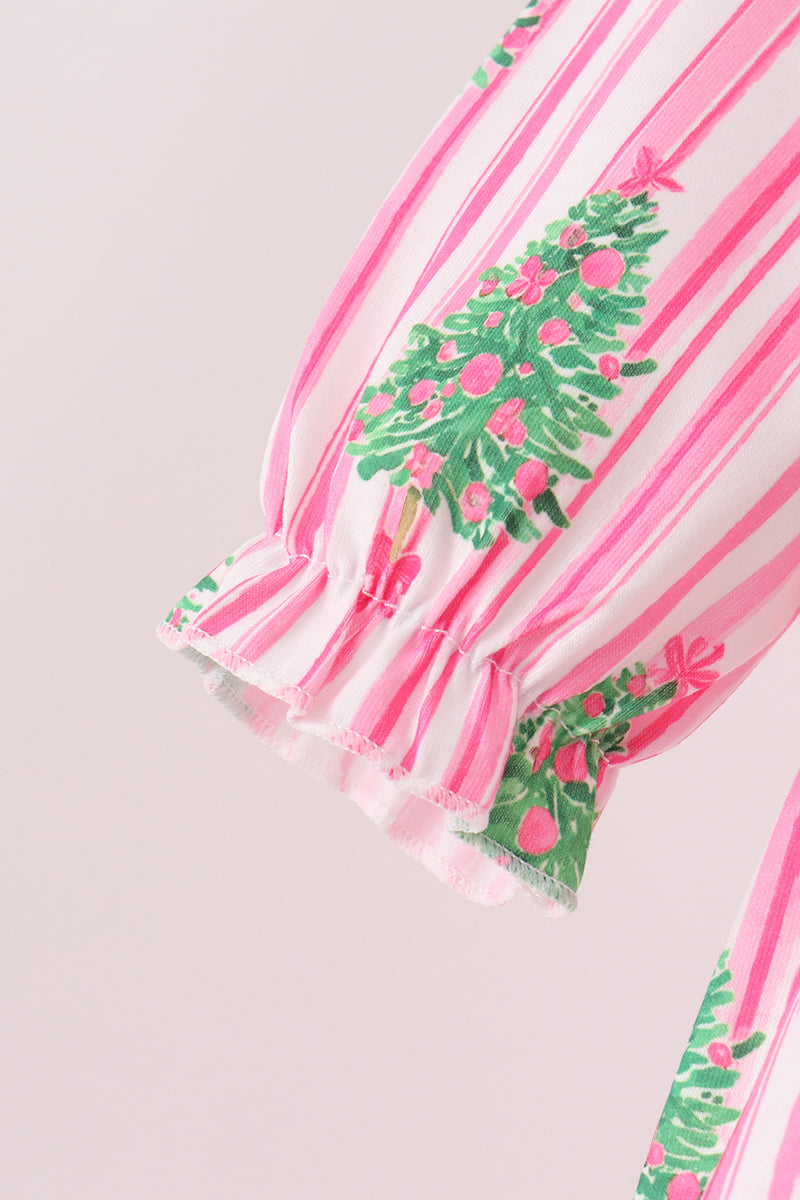 Pink Christmas Tree Embroidery Stripe Bow Bubble
