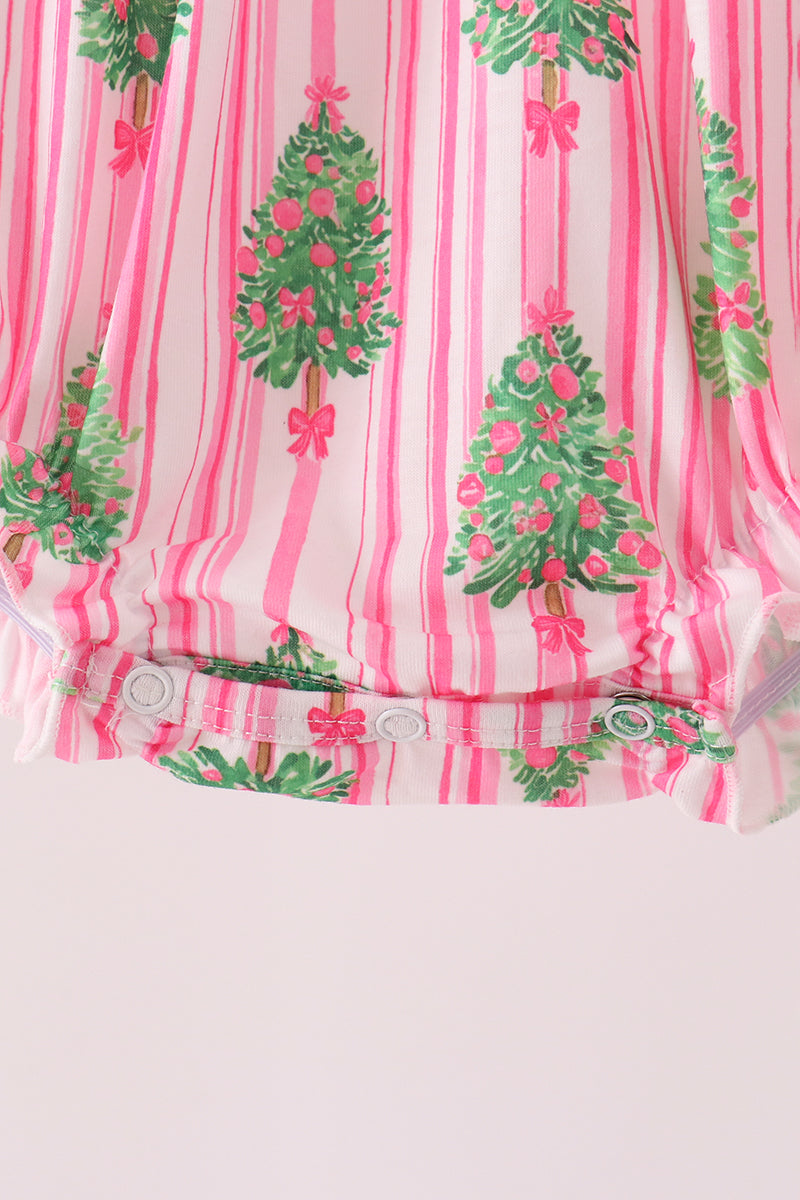 Pink Christmas Tree Embroidery Stripe Bow Bubble