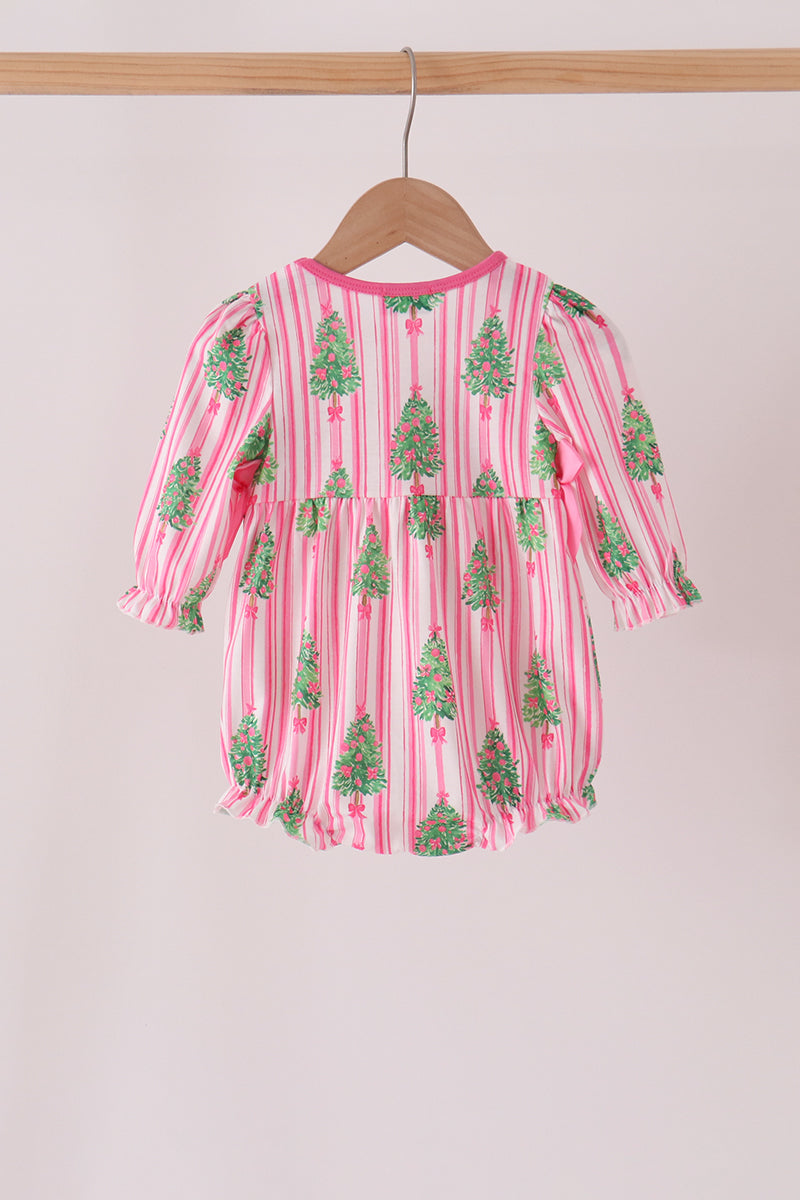 Pink Christmas Tree Embroidery Stripe Bow Bubble