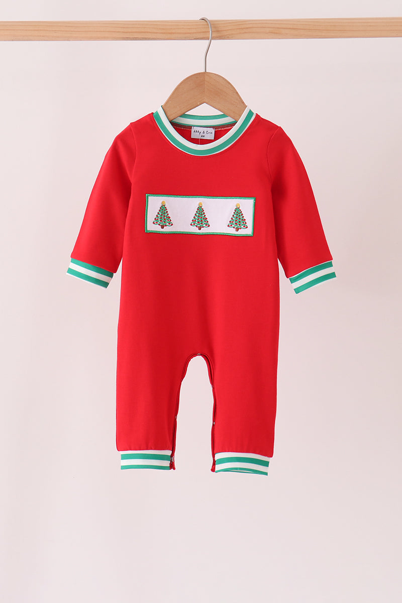 Red Christmas Tree Embroidery Romper