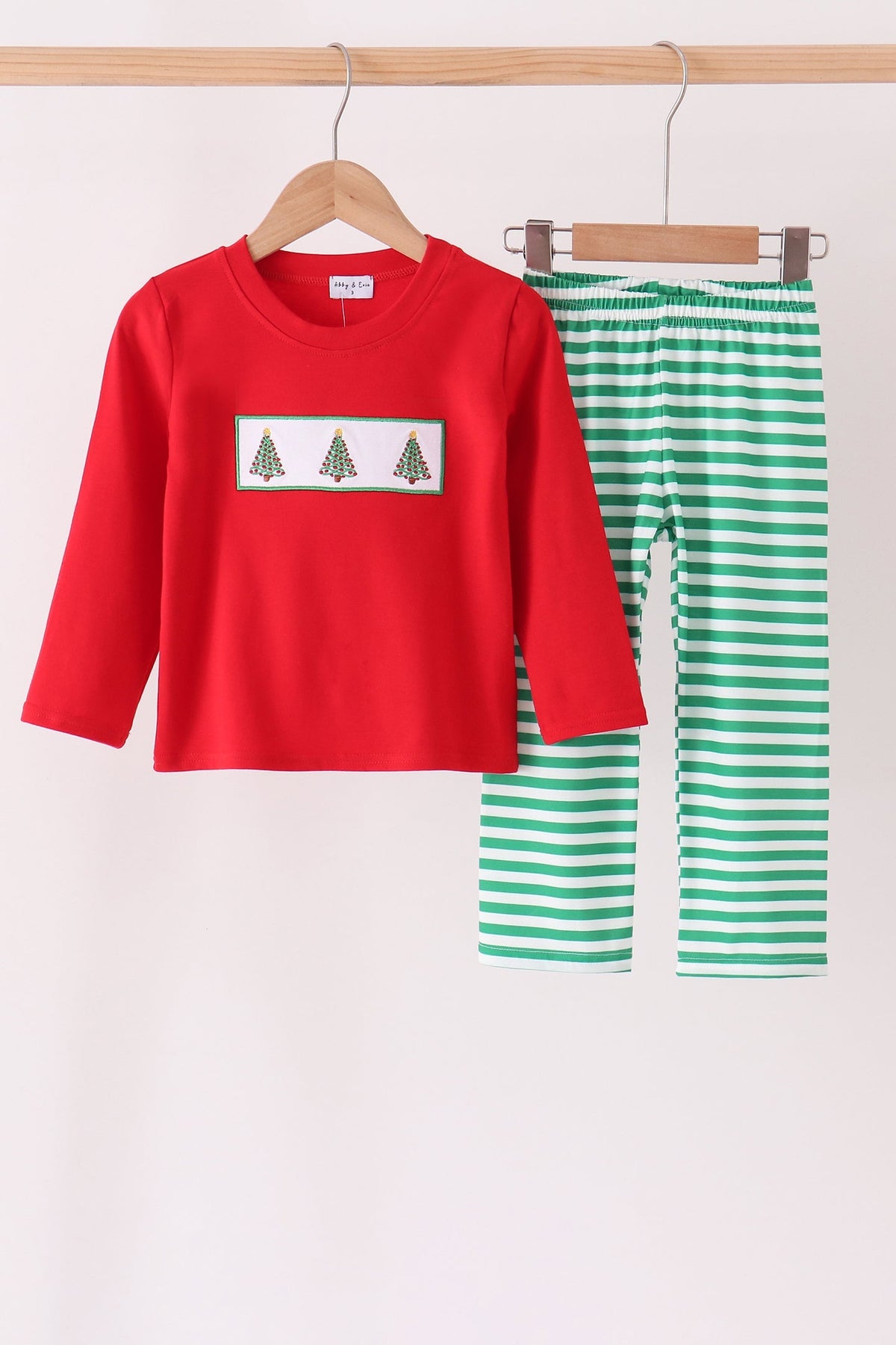 Red Christmas Tree Embroidery Stripe Pants Set