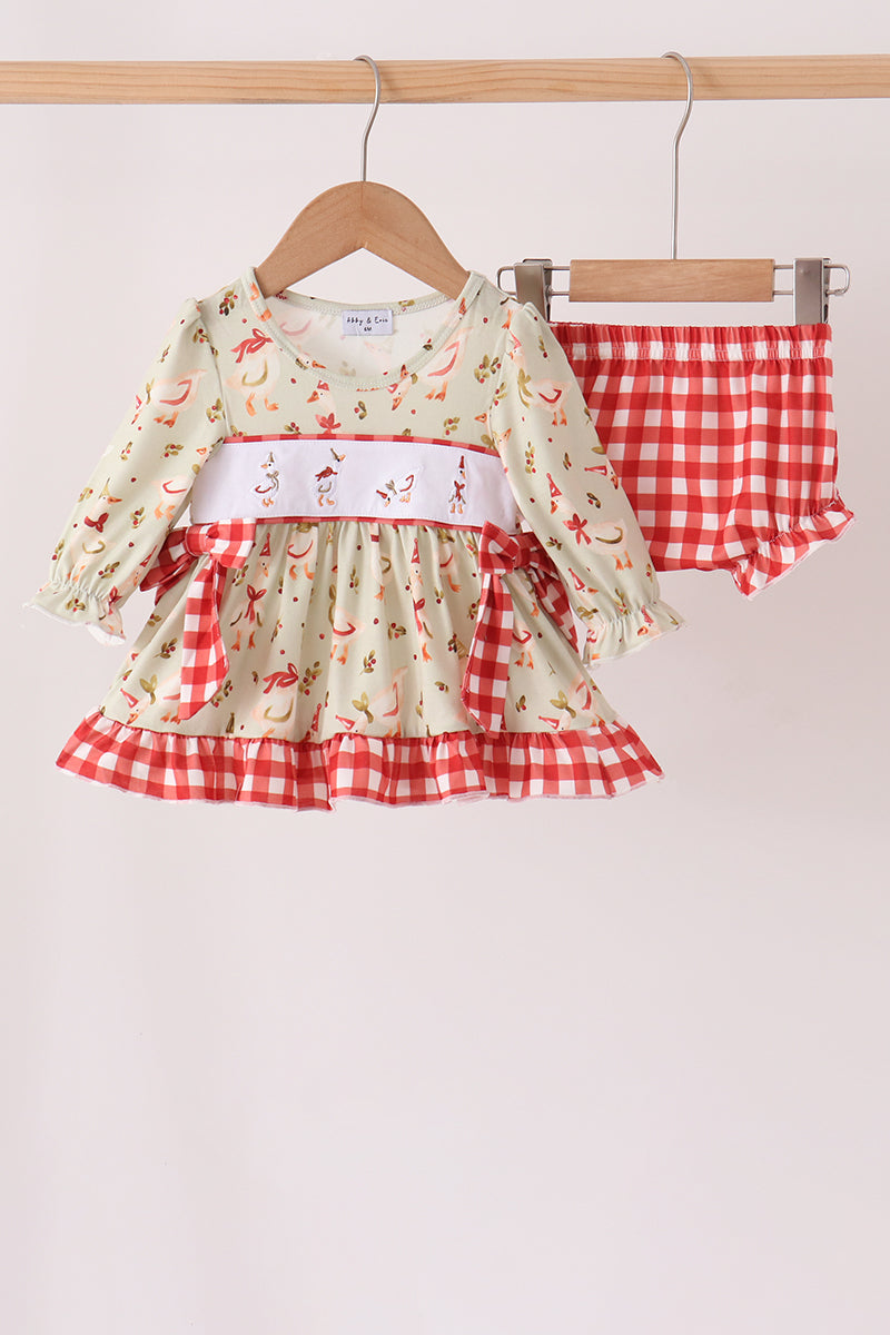 Goose Embroidery Ruffle Gingham Bloomer Set