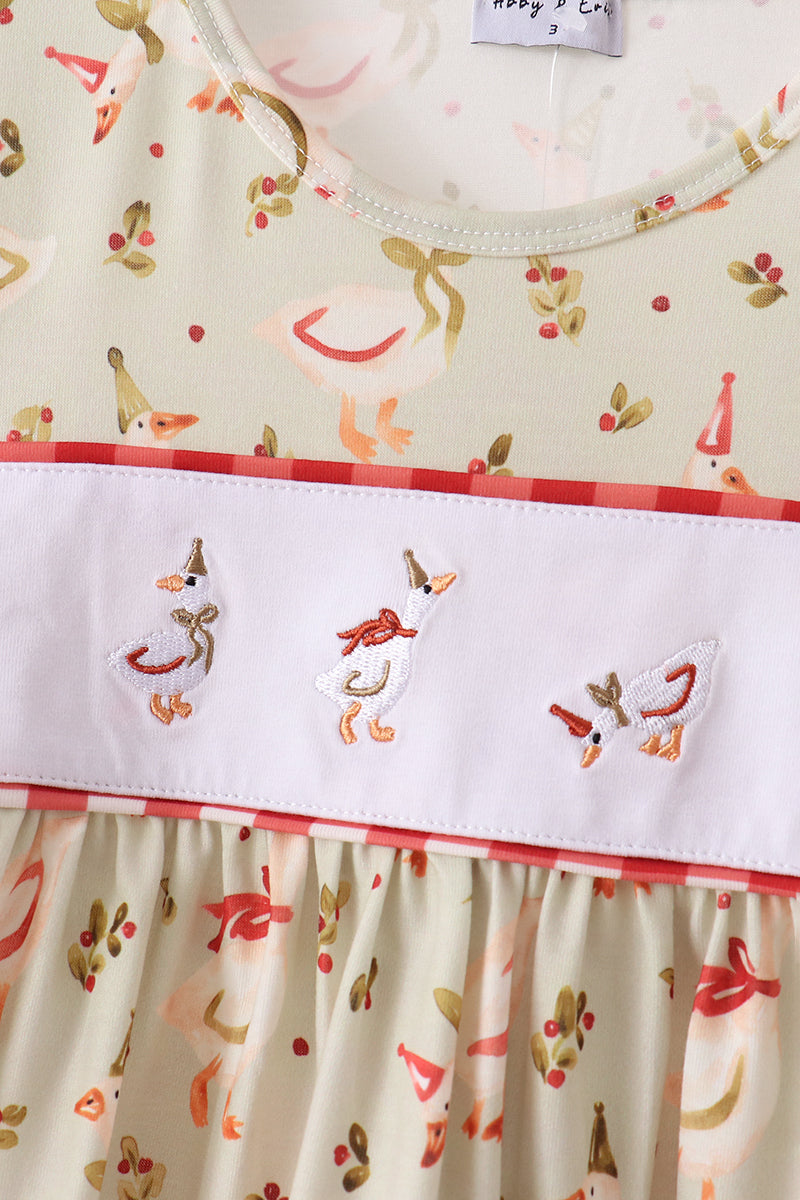 Goose Embroidery Ruffle Gingham Bloomer Set