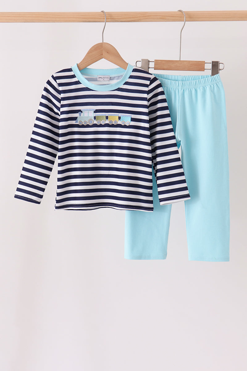 Blue Train Embroidery Stripe Pants Set