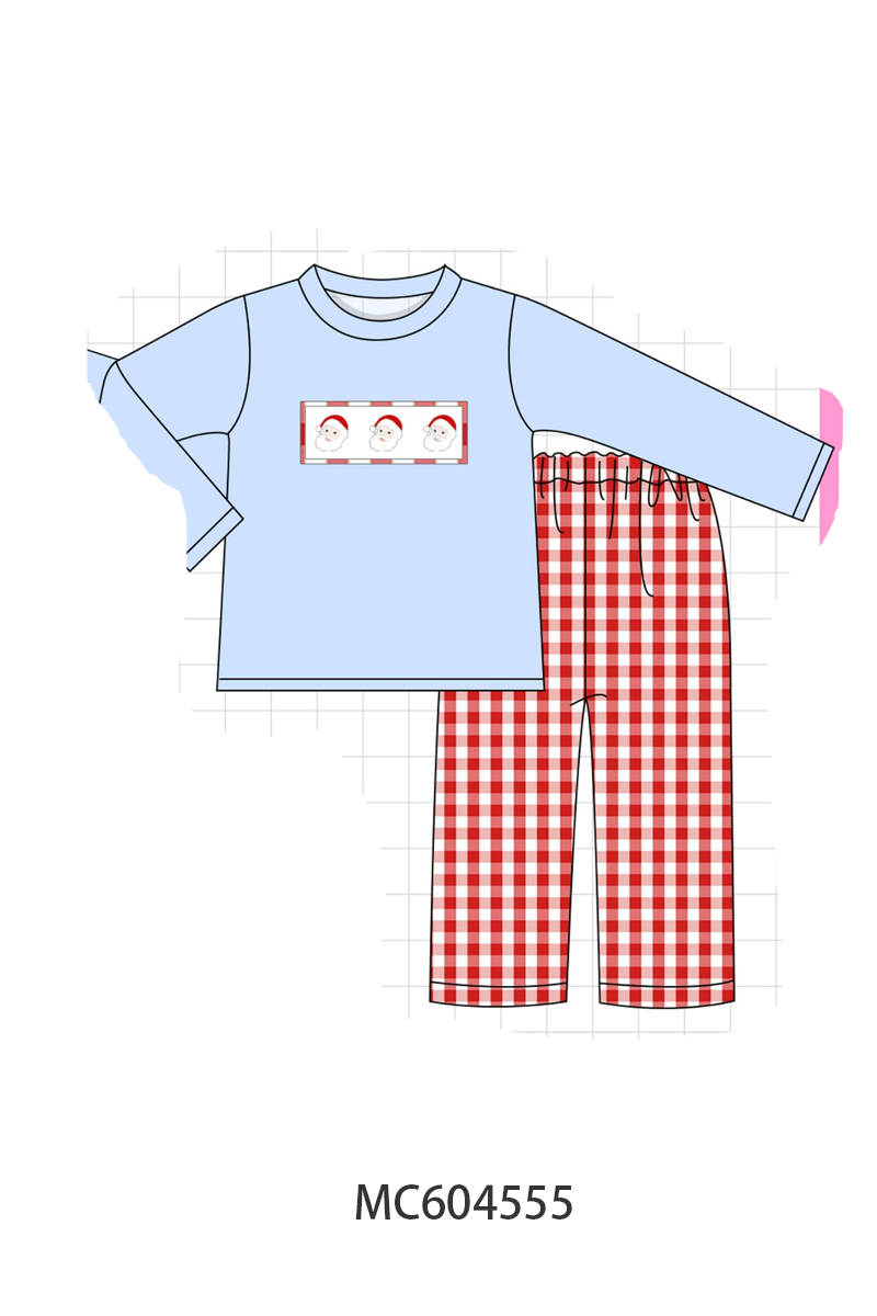Blue Santa Claus Embroidery Gingham Pants Set