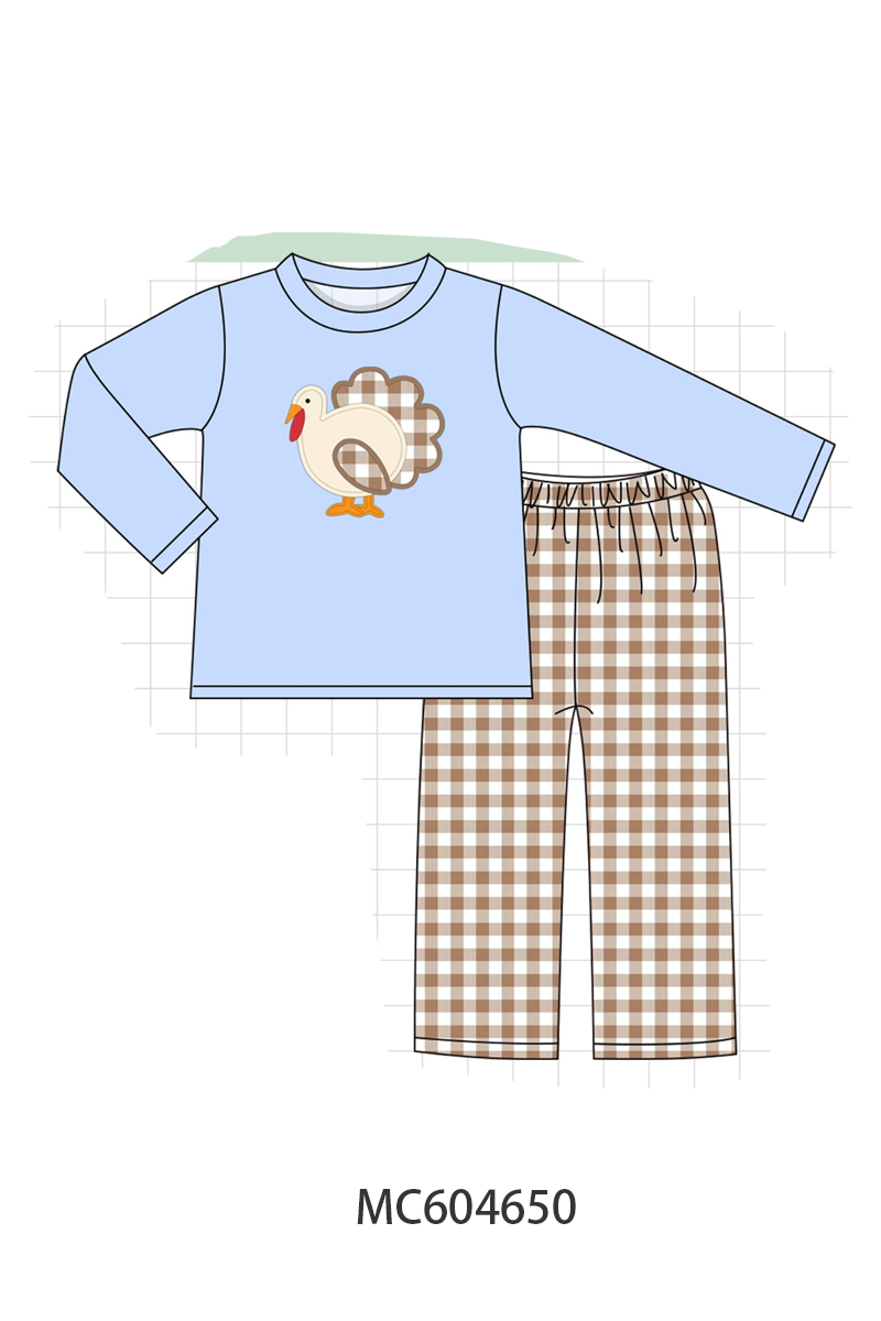 Blue Turkey Applique Gingham Pants Set