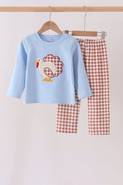 Blue Turkey Applique Gingham Pants Set