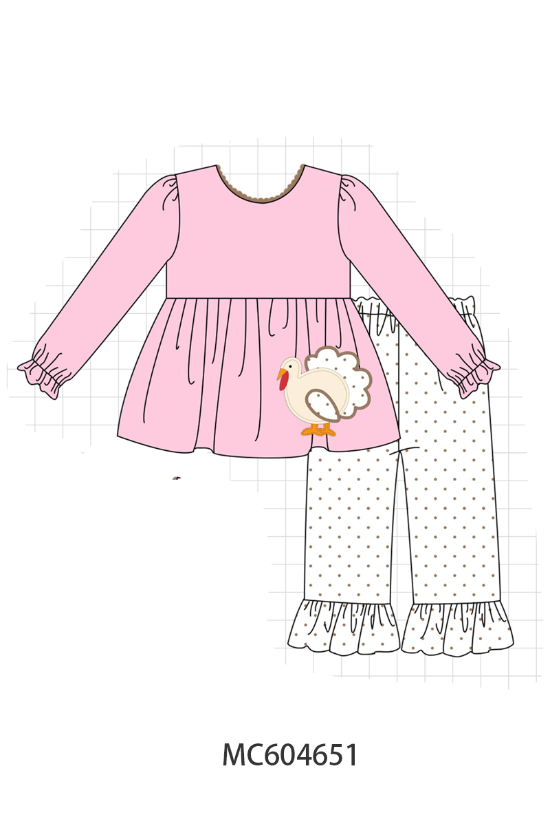 Pink Turkey Applique Ruffle Pants Set