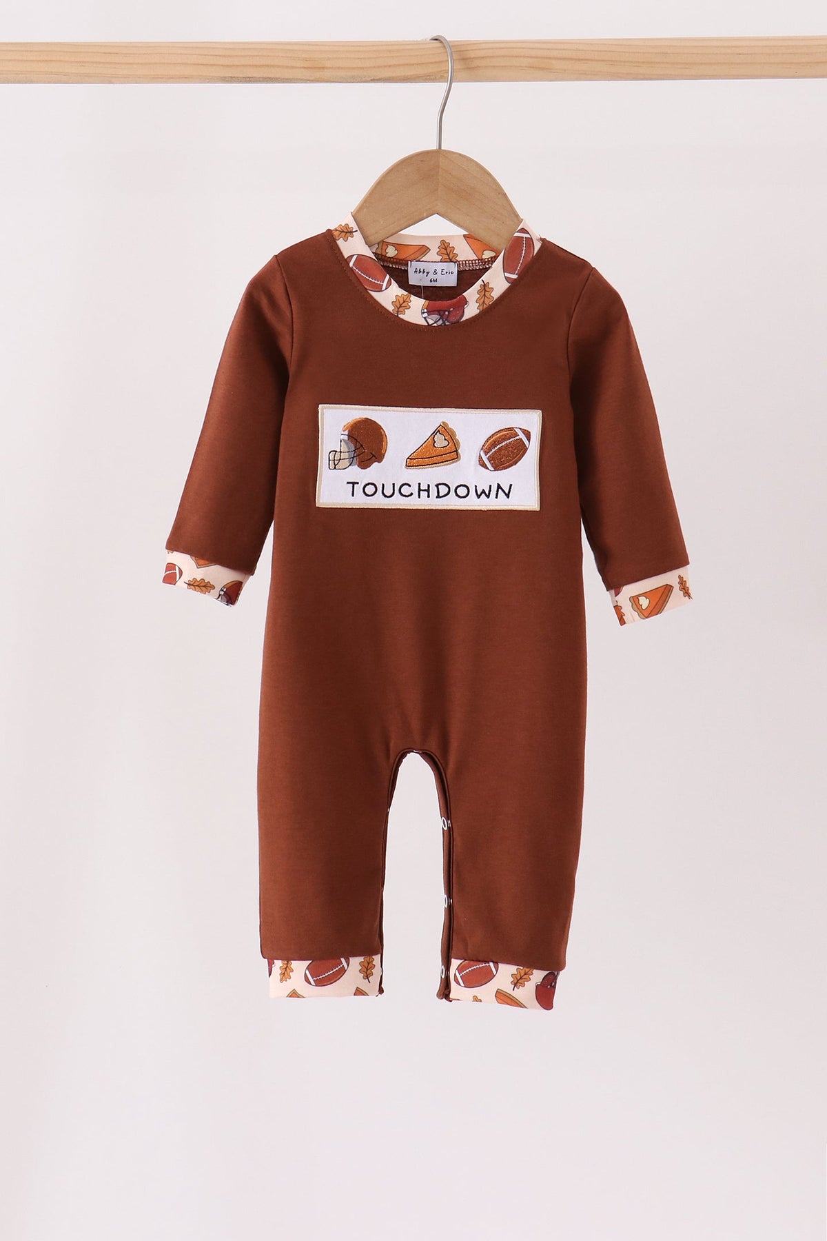 Brown Touchdown Football Embroidery Romper