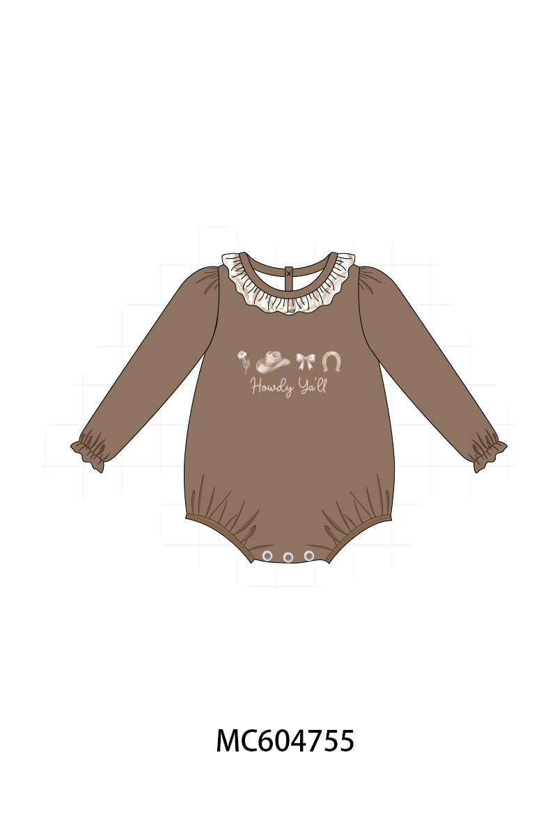 Brown Howdy Y'all Western Embroidery Ruffle Bubble