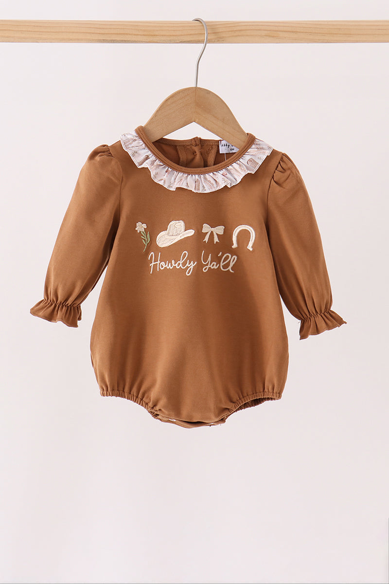 Brown Howdy Y'all Western Embroidery Ruffle Bubble