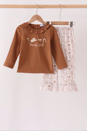 Brown Howdy Y'all Western Embroidery Ruffle Pants Set