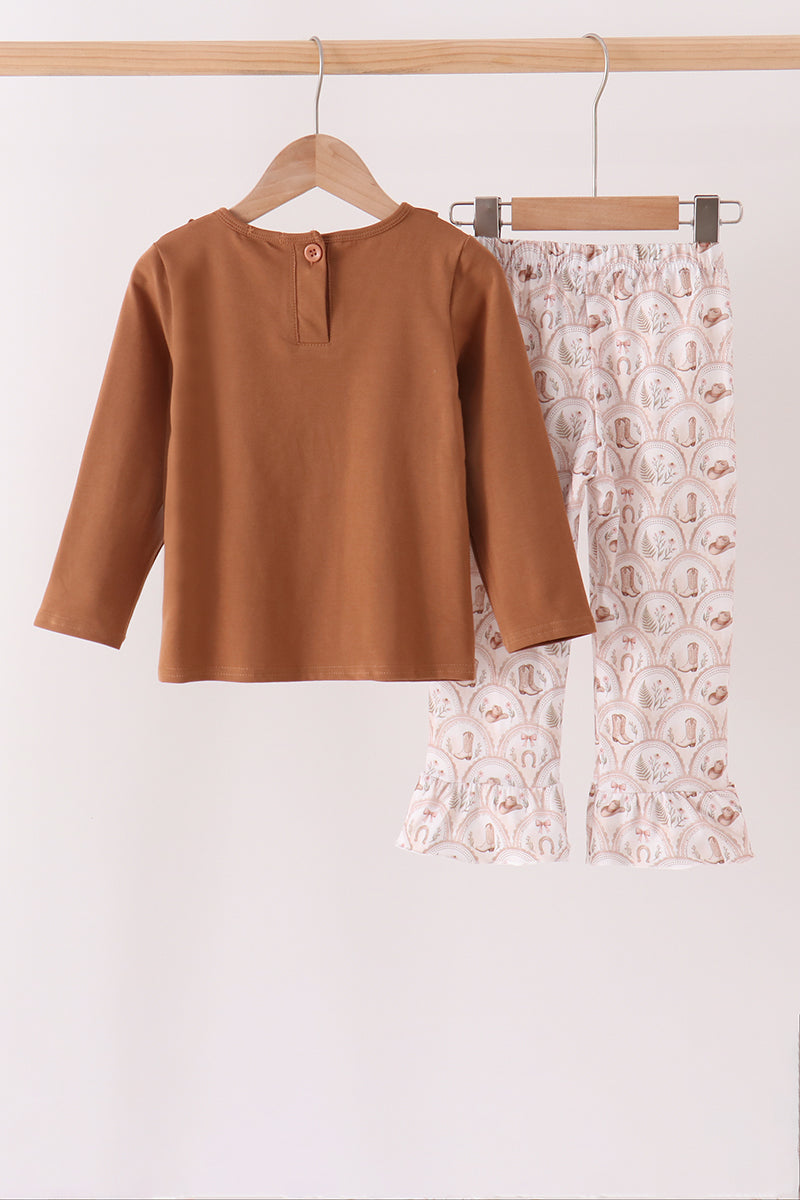 Brown Howdy Y'all Western Embroidery Ruffle Pants Set