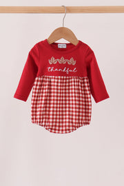 Maroon Thankful Leaves Embroidey Gingham Bubble