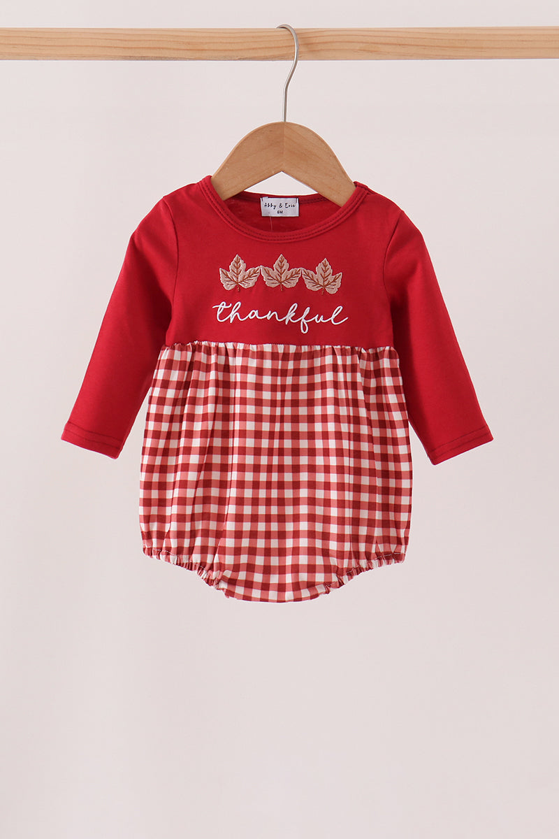 Maroon Thankful Leaves Embroidey Gingham Bubble