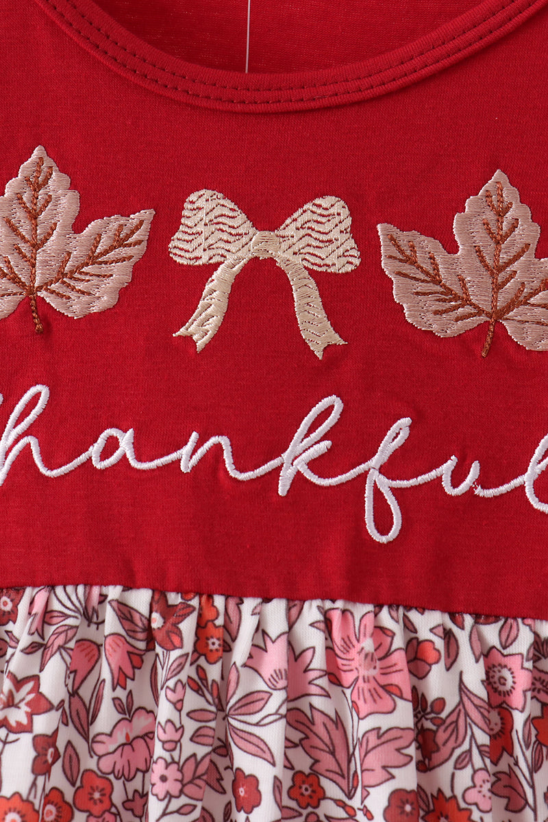 Maroon Thankful Leaves Floral Embroidey Dress