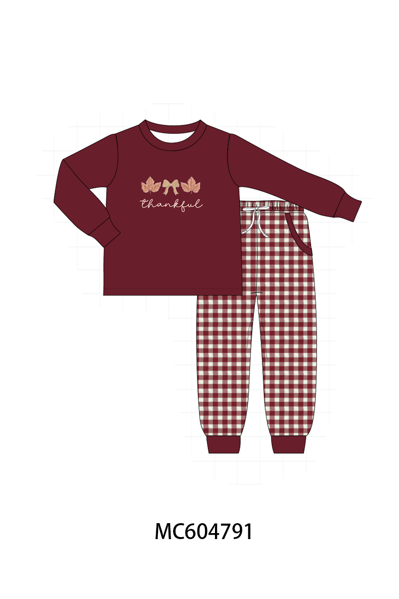 Maroon Thankful Leaves Embroidey Gingham Pants Set