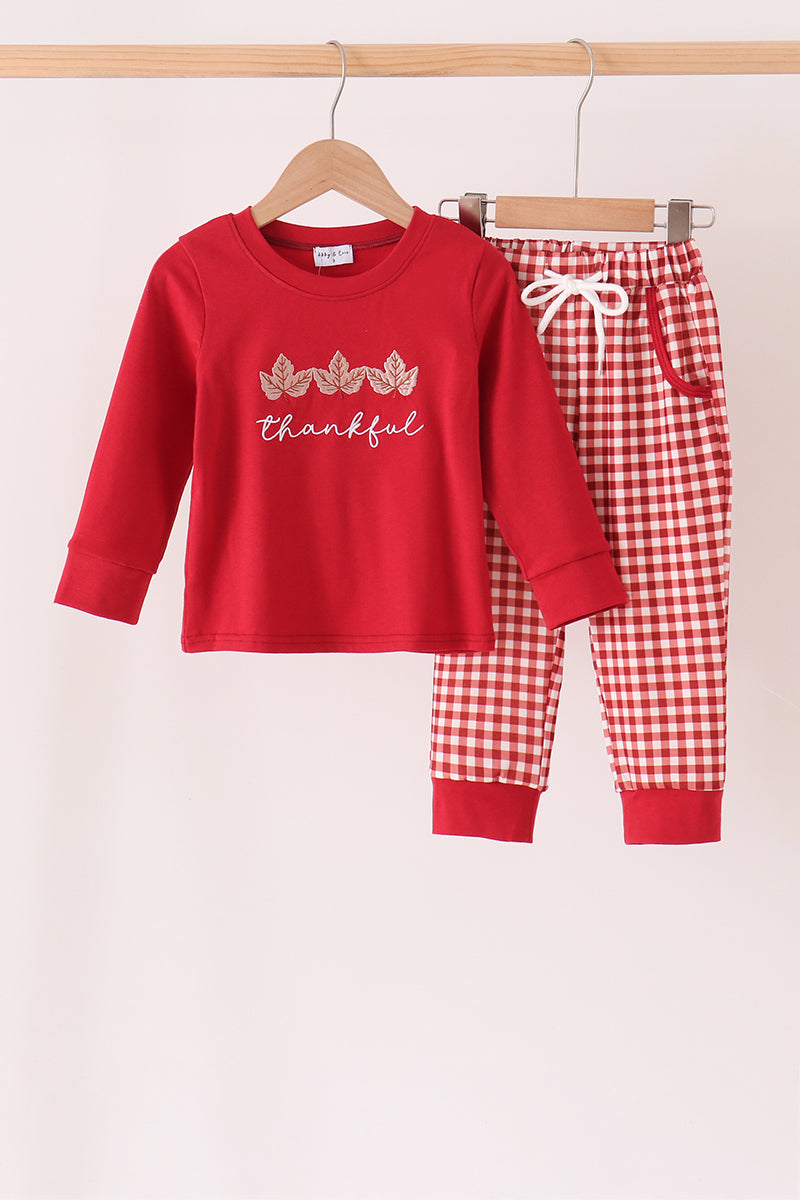 Maroon Thankful Leaves Embroidey Gingham Pants Set
