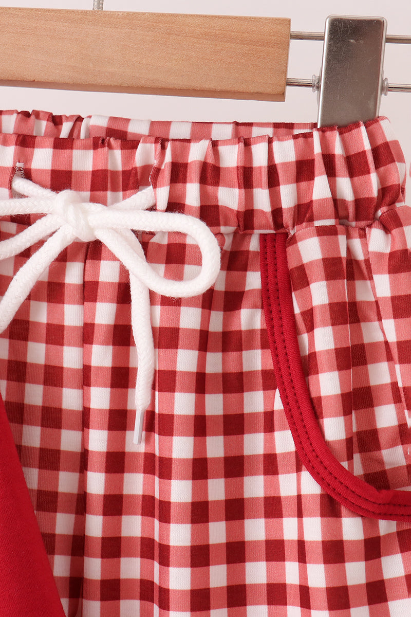 Maroon Thankful Leaves Embroidey Gingham Pants Set