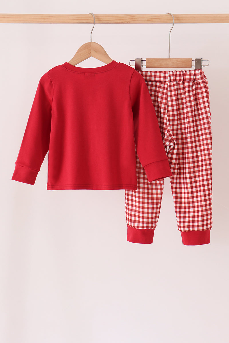 Maroon Thankful Leaves Embroidey Gingham Pants Set
