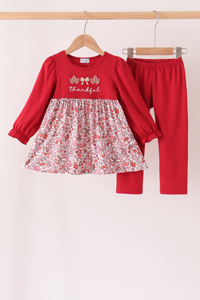 Maroon Thankful Floral Leaves Embroidey Pants Set