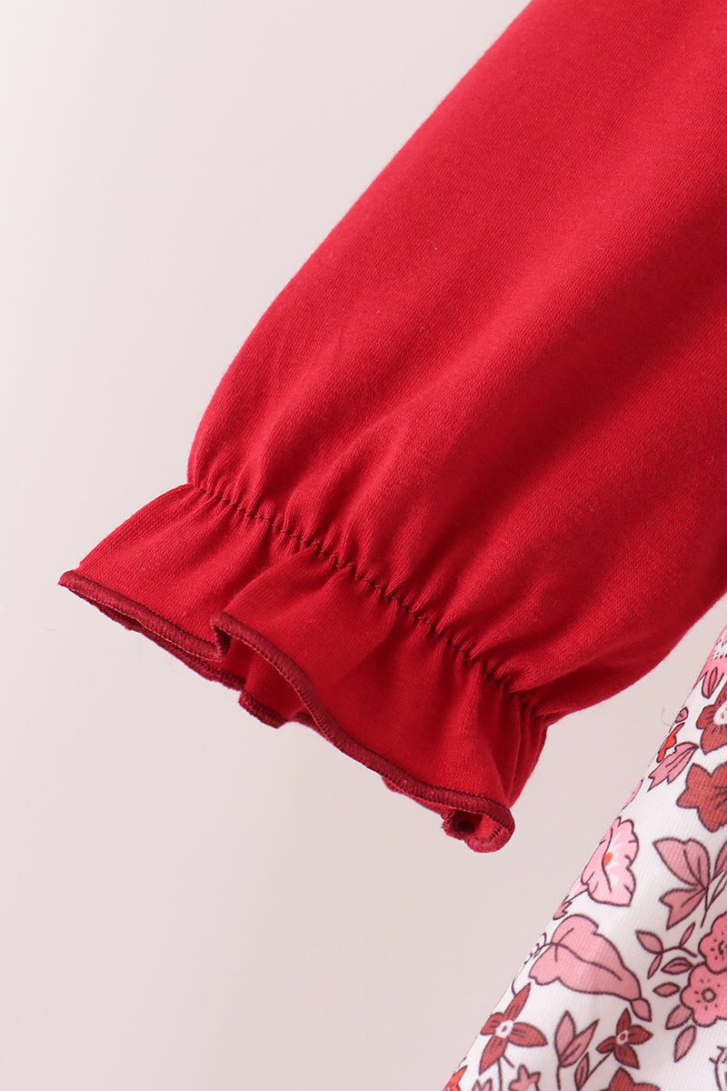 Maroon Thankful Floral Leaves Embroidey Pants Set