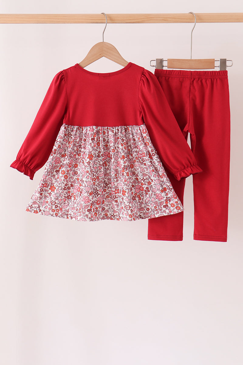 Maroon Thankful Floral Leaves Embroidey Pants Set