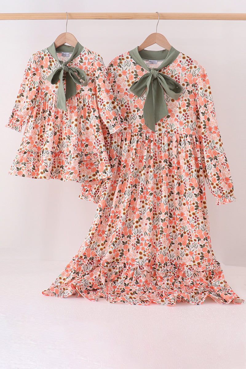 Green Floral Bow Ruffle Mom&me Dress