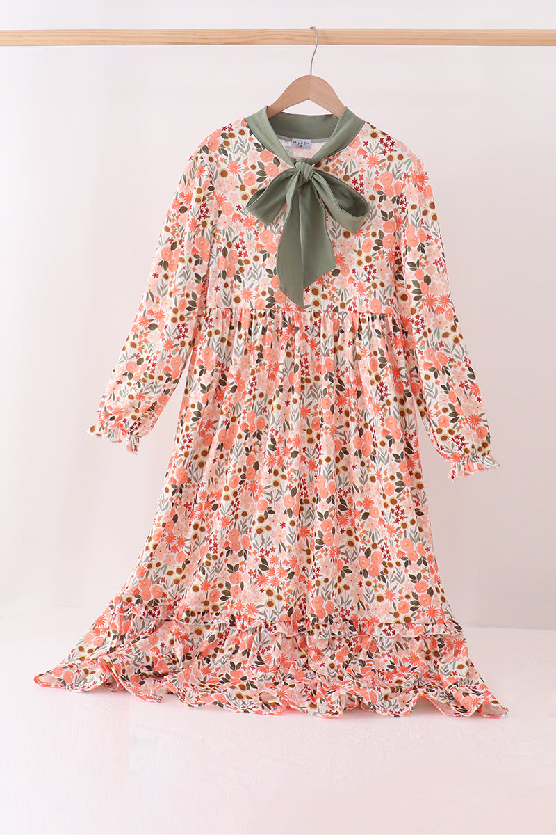 Green Floral Bow Ruffle Mom&me Dress