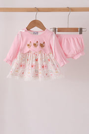 Pink Chicken Embroidery Bloomer Set