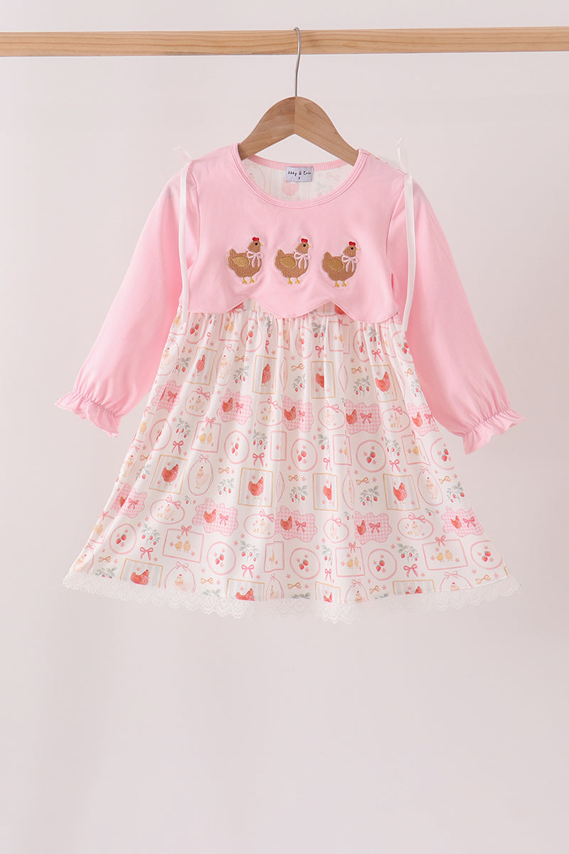 Pink Chicken Embroidery Dress