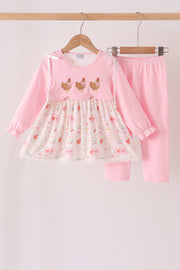 Pink Chicken Embroidery Pants Set