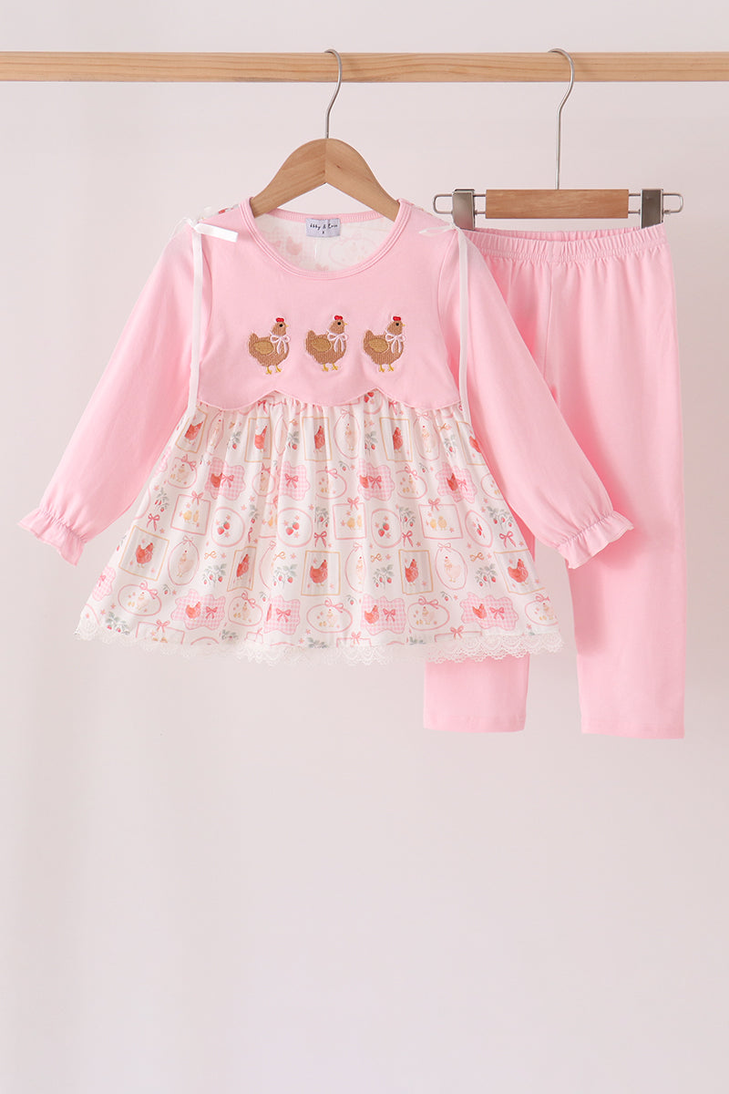 Pink Chicken Embroidery Pants Set