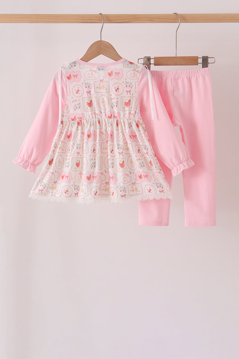 Pink Chicken Embroidery Pants Set