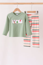 Green Reindeer Tree Embroidery Stripe Pants Set