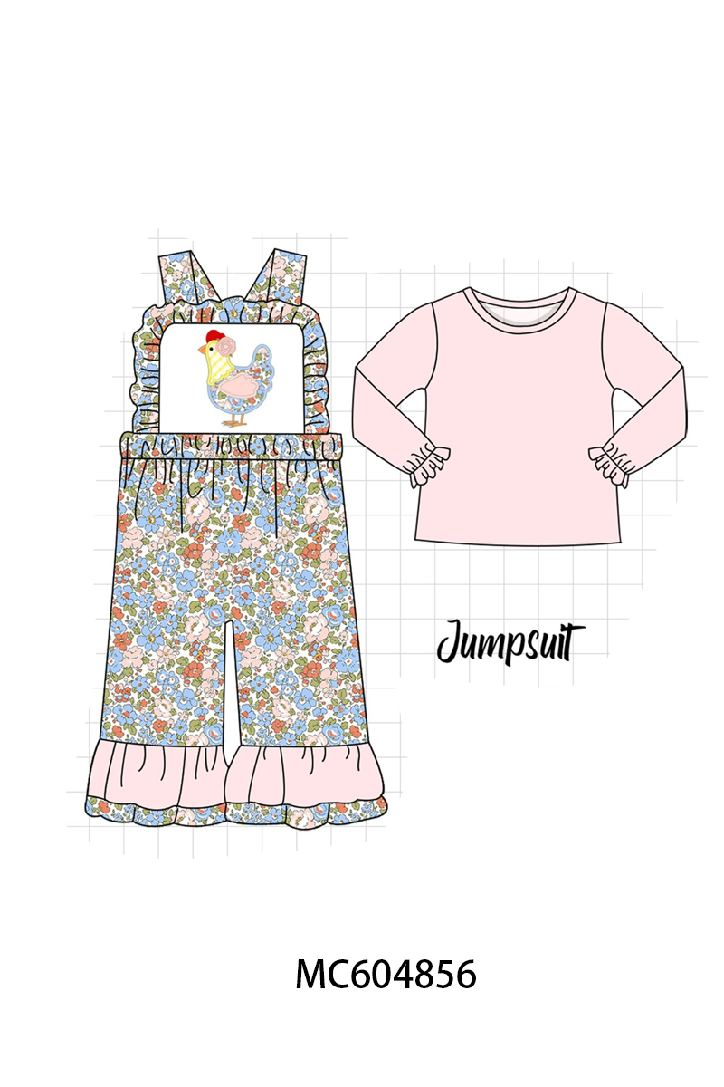 Pink Chicken Applique Jumpsuit Set